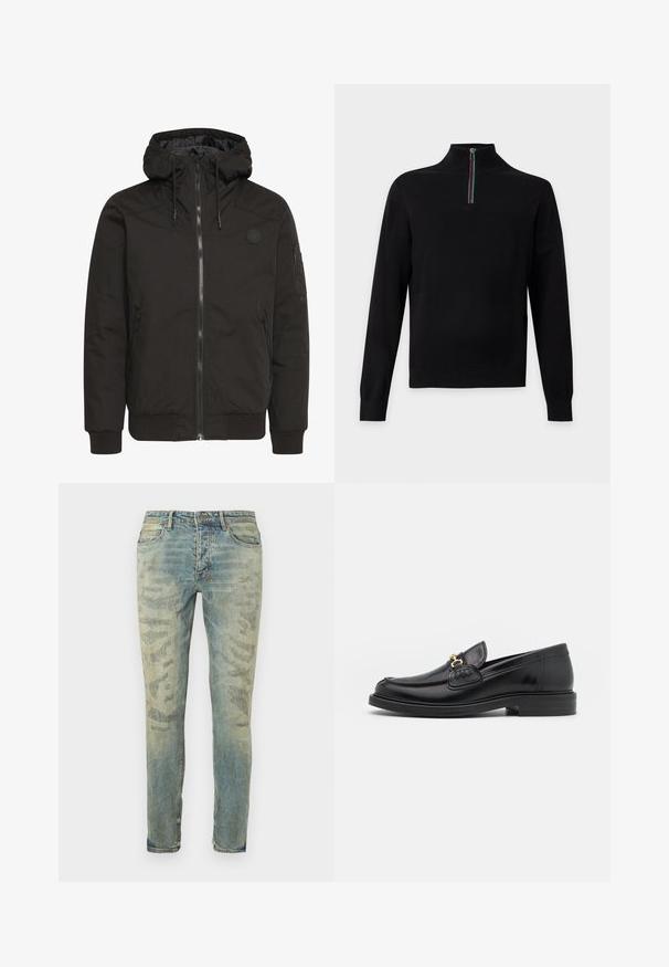 Schwarze Jacke mit Reißverschluss vorne, verstellbare Kapuze, gerippten Bündchen und einem Patch-Logo. Hergestellt aus einem glatten, strapazierfähigen Stoff mit minimalistischer Gestaltung.; Schwarzer Langarmpullover mit hohem Kragen und kurzem Reißverschluss mit roten, weißen, grünen und blauen Streifen.; Hellblaue Jeans aus Denim mit einem abgenutzten Look, einschließlich verblasster Bereiche und subtiler Muster, im geraden Schnitt mit Fünf-Taschen-Design.; Schwarze Lederleter mit einer abgerundeten Zehenpartie, ausgestattet mit goldenen Hardwareakzenten und Stichdetails, auf einer niedrigen, strukturierten Gummisohle.