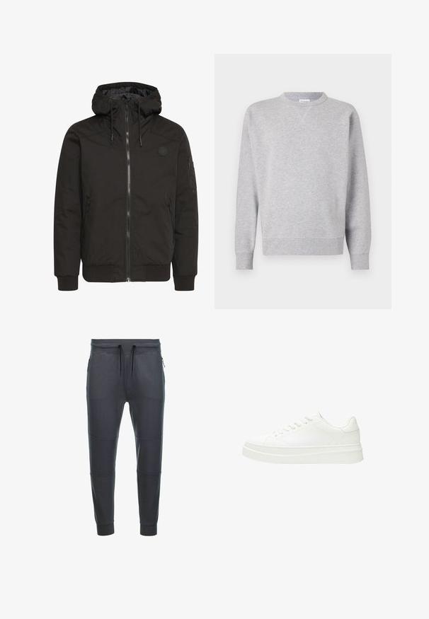Veste noire avec fermeture éclair à l'avant, capuche réglable, poignets côtelés et logo en patch. Fabriquée dans un tissu lisse et durable avec un design minimaliste.; Sweatshirt gris en tissu doux, avec un col rond, des manches longues, des poignets côtelés et un ourlet droit. Aucune motif ni graphique visible.; Pantalons de survêtement gris foncé en tissu doux, dotés d'une taille à cordon de serrage, de deux poches latérales zippées et de panneaux décoratifs sur les jambes.; Baskets blanches avec une tige en cuir lisse, des lacets plats et une semelle en caoutchouc épaisse. Le design minimaliste présente des coutures discrètes et des accents sans couture.