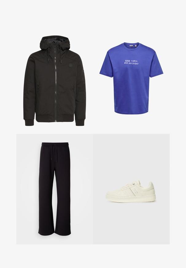 Zwarte jack met een ritssluiting aan de voorkant, verstelbare capuchon, geribbelde manchetten en een patchlogo. Gemaakt van een gladde, duurzame stof met een minimalistisch ontwerp.; Blauw T-shirt met korte mouwen en witte tekst op de borst waarop "GOOD TIMES, BAD DECISIONS" staat in handgeschreven stijl.; Zwarte joggingbroek van zacht materiaal, met een trekkoord in de taille, een losse pasvorm en een rechte pijp. Minimalistische stijl zonder patronen.; Crème-kleurige sneaker met geperforeerde details, veters en een logo aan de zijkant, weergegeven tegen een eenvoudige witte achtergrond.