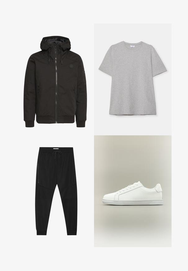 Schwarze Jacke mit Reißverschluss vorne, verstellbare Kapuze, gerippten Bündchen und einem Patch-Logo. Hergestellt aus einem glatten, strapazierfähigen Stoff mit minimalistischer Gestaltung.; Graues T-Shirt mit kurzen Ärmeln aus weichem, strukturiertem Stoff. Verfügt über einen klassischen Rundhalsausschnitt und einen geraden Saum, geeignet für legere Trageanlässe.; Schwarze Sporthosen aus strukturiertem Stoff, mit verstellbarem Bund, seitlicher Reißverschlusstasche und schmal zulaufenden Bündchen.; Weißer Sneaker mit niedrigem Schaft, Schnürung vorne und strukturierter Gummisohle vor einfachem neutralem Hintergrund.