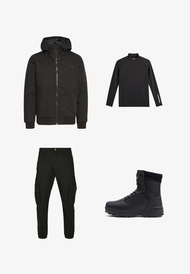 Veste noire avec fermeture éclair à l'avant, capuche réglable, poignets côtelés et logo en patch. Fabriquée dans un tissu lisse et durable avec un design minimaliste.; Haut de sport noir à manches longues avec col montant, coupe ajustée, et logo blanc "J.Lindeberg" sur la manche gauche et le col.; Pantalons cargo noirs en mélange de coton, avec poches latérales, devant à bouton et bas fuselés.; Botte tactique noire avec une tige en cuir lisse et des panneaux en tissu, design montante, fermeture à lacets à l'avant et semelle en caoutchouc robuste.