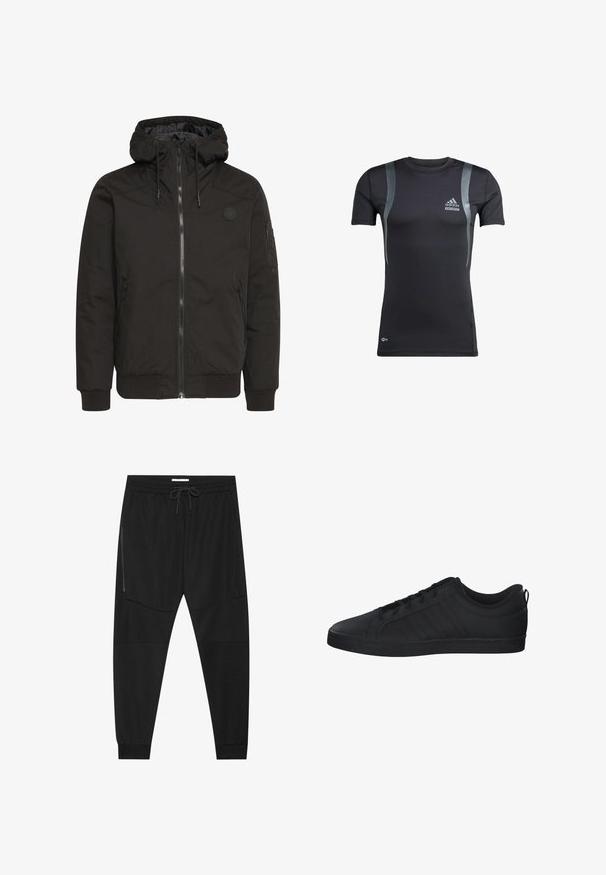 Zwarte jack met een ritssluiting aan de voorkant, verstelbare capuchon, geribbelde manchetten en een patchlogo. Gemaakt van een gladde, duurzame stof met een minimalistisch ontwerp.; Zwart sportshirt met korte mouwen en grijze accenten, gemaakt van rekbare stof. Bevat een Adidas-logo op de linkerborst en Techfit-branding.; Zwarte sportbroeken van textuurstof, met een verstelbare tailleband, een ritssluiting opzij en tapered boorden.; Zwarte sportieve schoenen met een gladleren bovenkant, ronde neus en platte rubberen zool. Heeft drie verticale strepen aan de zijkant.