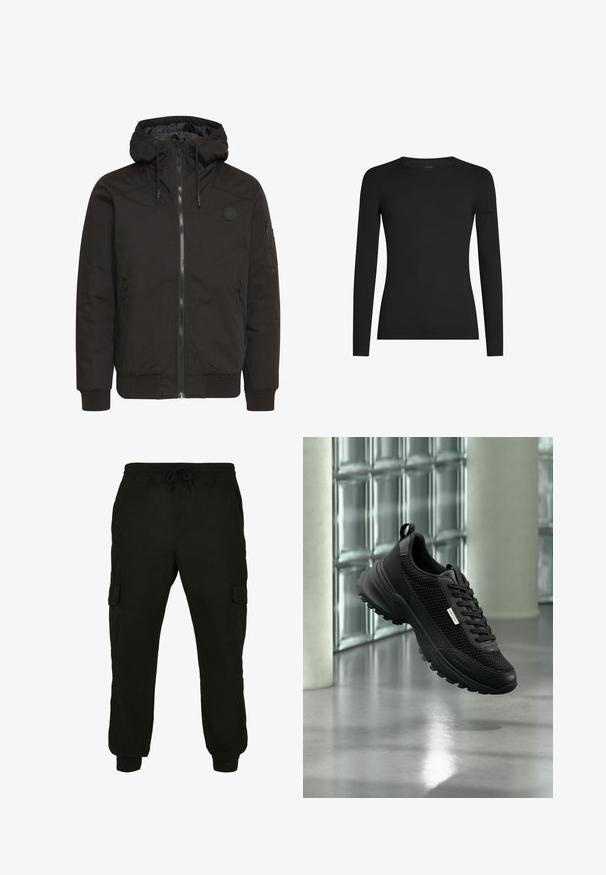 Schwarze Jacke mit Reißverschluss vorne, verstellbare Kapuze, gerippten Bündchen und einem Patch-Logo. Hergestellt aus einem glatten, strapazierfähigen Stoff mit minimalistischer Gestaltung.; Schwarzes, langärmeliges, figurbetontes T-Shirt mit Rundhalsausschnitt und dezentem Icebreaker-Logo auf dem linken Ärmel, dargestellt vor weißem Hintergrund.; Schwarze Cargo-Hosen aus weichem Stoff, mit elastischem Bund und Kordelzug, Seitentaschen und schmal zulaufenden Bündchen.; Schwarzer sportlicher Sneaker mit Mesh-Seitenteilen und dicker Sohle, der drinnen in der Nähe von Glasbausteinen und Säulen auf einem glatten Boden schwebt.