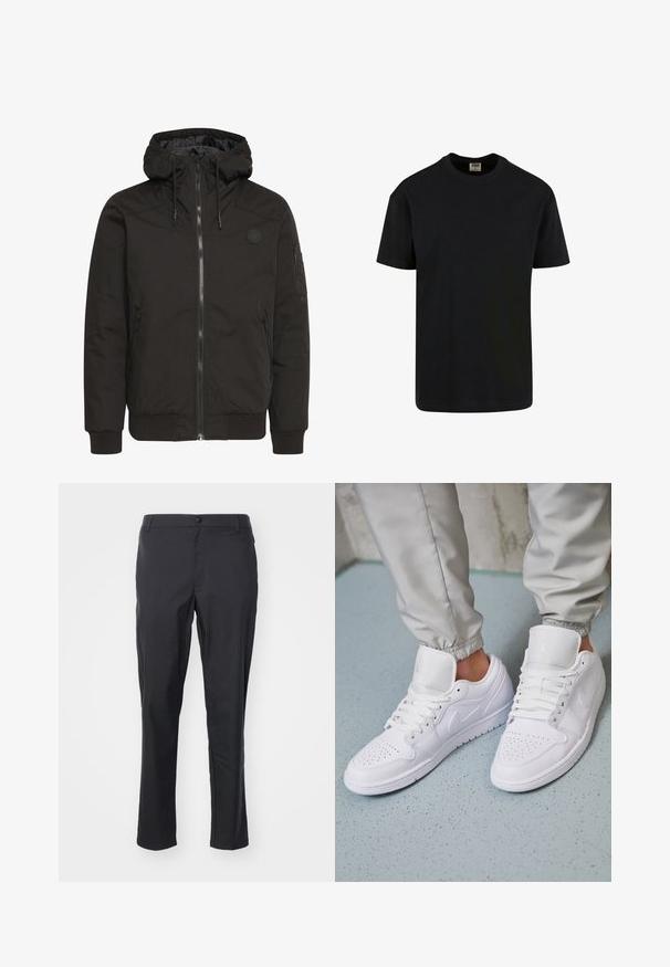 Zwarte jack met een ritssluiting aan de voorkant, verstelbare capuchon, geribbelde manchetten en een patchlogo. Gemaakt van een gladde, duurzame stof met een minimalistisch ontwerp.; Urban Classics SHORTSLEEVE - T-shirt basic - black; Zwarte broek van lichtgewicht stof, met een gladde textuur, rechte snit en een knoopsluiting bij de taille.; Witte leren sneakers met een geperforeerde neus, platte veters, een gepolsterde kraag en het Jordan-logo op de tong. Gediend met grijze joggers.