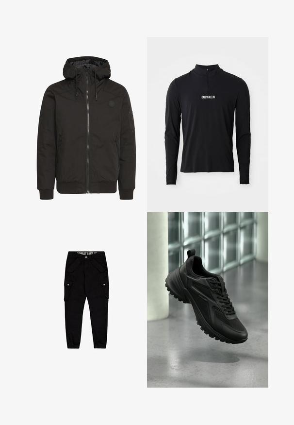 Schwarze Jacke mit Reißverschluss vorne, verstellbare Kapuze, gerippten Bündchen und einem Patch-Logo. Hergestellt aus einem glatten, strapazierfähigen Stoff mit minimalistischer Gestaltung.; Schwarzes Langarmoberteil mit hohem Kragen, ausgestattet mit einem Viertel-Reißverschluss und weißem "CALVIN KLEIN" Logo auf der Vorderseite. Glatter, elastischer Stoff.; Schwarze Cargo-Hosen aus Baumwolle, mit mehreren Taschen, einer taillierten Passform und elastischen Bündchen an den Knöcheln.; Schwarzer Sportschuh mit strukturierter Sohle und Schnürsenkeln, schwebend über einem grauen Boden vor einer Glasbausteinwand.