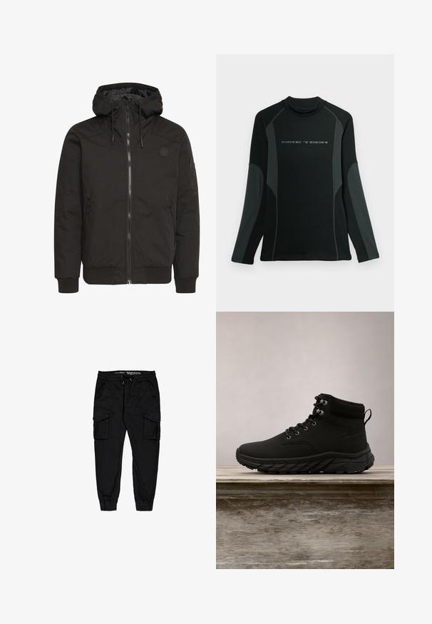 Zwarte jack met een ritssluiting aan de voorkant, verstelbare capuchon, geribbelde manchetten en een patchlogo. Gemaakt van een gladde, duurzame stof met een minimalistisch ontwerp.; Zwarte shirt met lange mouwen en hoge kraag, gemaakt van textuurstof. Heeft grijze zijpanelen en het "NIKE TECH" logo op de borst.; Zwarte cargo-broeken van lichtgewicht stof, met een elastische tailleband, trekkoord en meerdere zijzakken met taps toelopende broekspijpen.; Zwarte enkelboot met een gladde synthetische bovenkant, een gestructureerde zool, metalen oogjes en ronde veters, boven een houten oppervlak.