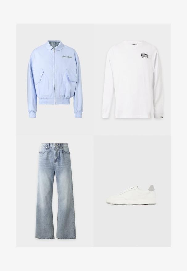 Veste bomber zippée bleu clair avec poignets et ourlet élastiques, poches à rabat à l'avant, et texte brodé sur la poitrine.; T-shirt blanc manches longues col rond avec petit logo noir "Billionaire Boys Club" sur la partie supérieure gauche de la poitrine et étiquette logo sur le poignet gauche.; Jean bleu clair taille haute à jambes larges avec poches avant, fermeture à boutons et délavage sur les cuisses et les genoux.; Baskets basses blanches avec un onglet de talon gris, des lacets blancs et une semelle texturée, présentées sur un fond uni clair.