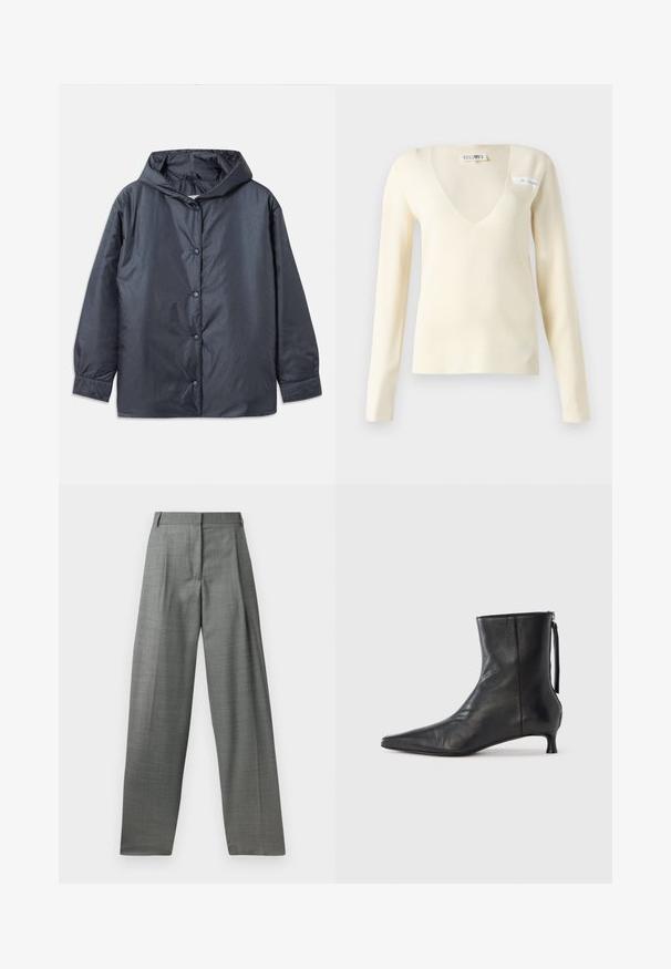 Veste légère gris foncé avec capuche, boutons-pression et poignets élastiques. Fini lisse et mat avec une coupe décontractée.; Pull à manches longues de couleur crème avec un col en V profond, fabriqué en tissu doux, présentant une texture lisse et un design minimaliste.; Pantalons gris sur mesure avec taille haute, devant plissé et design à jambes larges. Fabriqués à partir d'un tissu texturé, avec des passants de ceinture et des coutures lisses.; Bottine en cuir noir à bout pointu, forme structurée et petit talon. Dispose d'une fermeture éclair latérale et d'un design minimaliste.