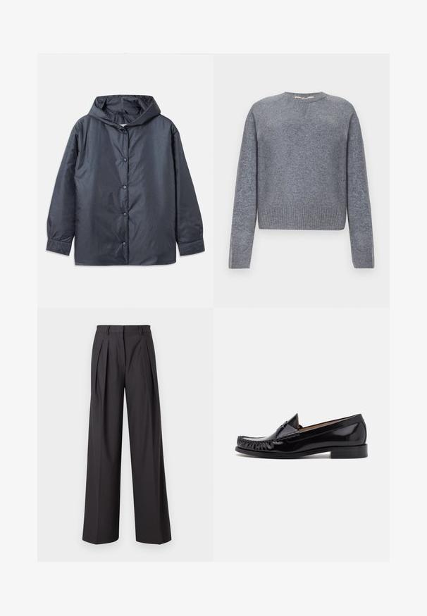 Veste légère gris foncé avec capuche, boutons-pression et poignets élastiques. Fini lisse et mat avec une coupe décontractée.; Pull en tricot gris avec un col ras du cou, des poignets et un ourlet côtelés, et une finition texturée. Présente un subtil insert en V au niveau du col.; Pantalons à jambe large en tissu gris anthracite, avec des plis sur le devant, une texture lisse, une taille mi-haute et des passants de ceinture.; Mocassin en cuir noir avec une finition brillante, présentant des franges à l'avant et un petit talon empilé.
