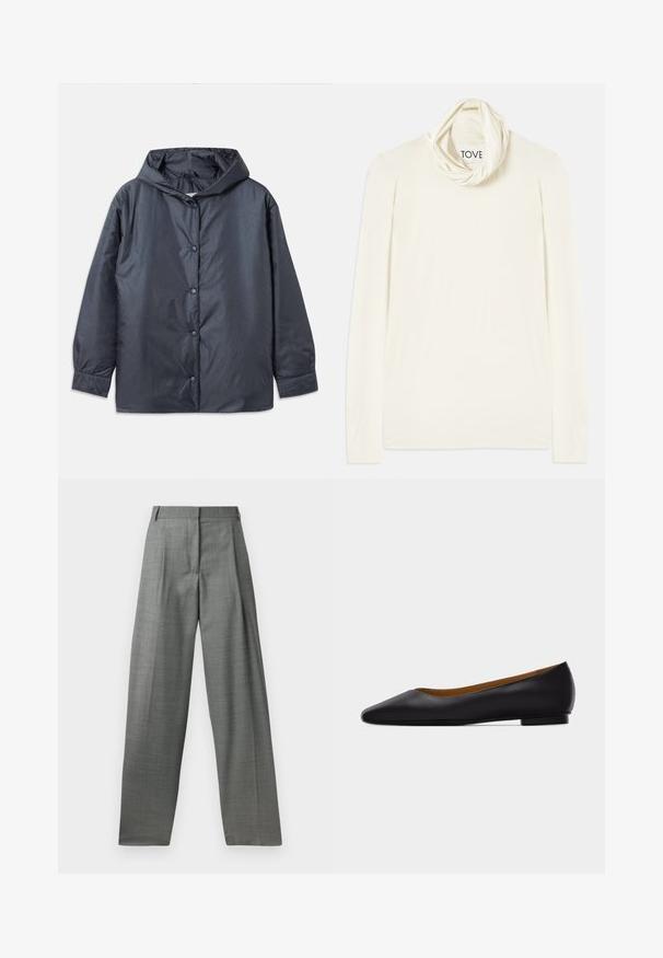 Veste légère gris foncé avec capuche, boutons-pression et poignets élastiques. Fini lisse et mat avec une coupe décontractée.; T-shirt crème à manches longues avec un col drapé et tubulaire. Fabriqué en tissu doux, il présente une texture lisse et une étiquette indiquant "TOVE".; Pantalons gris sur mesure avec taille haute, devant plissé et design à jambes larges. Fabriqués à partir d'un tissu texturé, avec des passants de ceinture et des coutures lisses.; Chaussure plate en cuir noir à bout pointu avec talon bas et finition lisse, vue de côté sur un fond gris clair.