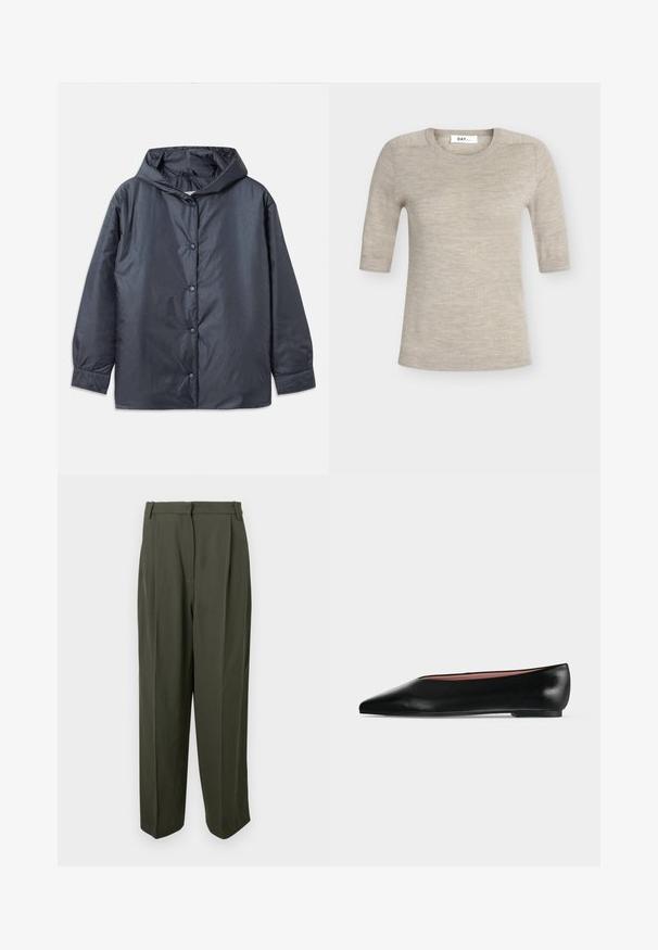 Chaqueta ligera gris oscuro con capucha, botones a presión y puños elásticos. Acabado liso y mate con un ajuste holgado.; Jersey beige de punto con manga corta, cuello redondo y puños y bajo acanalados, extendido plano sobre un fondo liso.; Pantalones verde oliva de tejido suave, con cintura alta, frente plisado y silueta de pierna ancha. Sin bolsillos visibles ni adornos.; Zapato plano negro de cuero para mujer con punta puntiaguda y tacón bajo, mostrado de lado sobre un fondo liso gris claro.