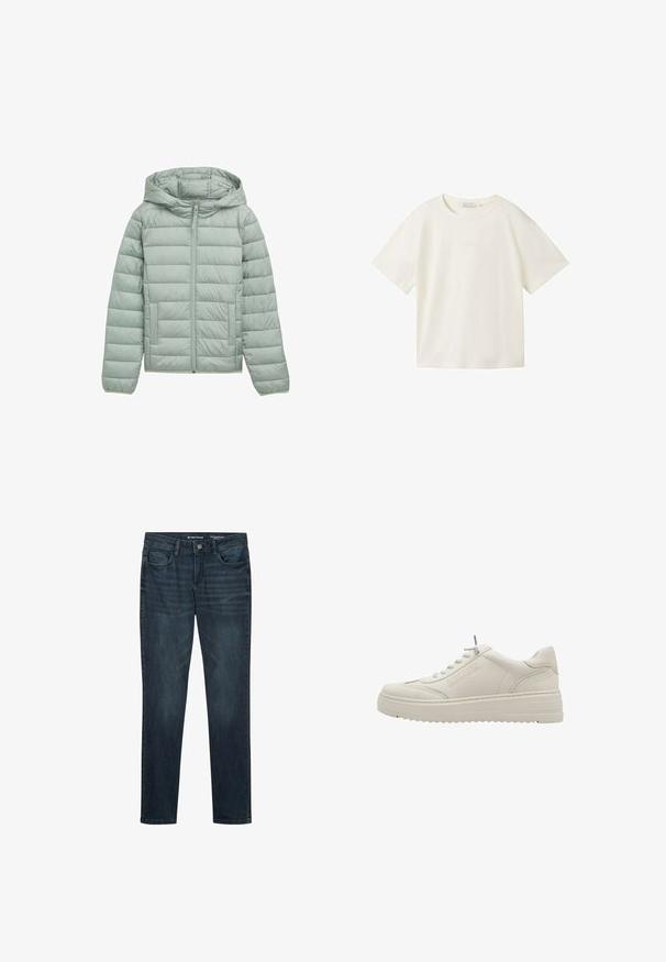 Lichtgroene gewatteerde jas met een capuchon, volledige rits en twee voorkeuzes. Kenmerkt zich door een horizontale gewatteerde desing en elastische manchetten.; TOM TAILOR DENIM T-shirt basic - gardenia white; Donkerblauwe denim jeans met een slim fit, vijf zakken ontwerp en een knoopsluiting. Effen kleur met subtiele textuur en geen zichtbare patronen.; Witte leren sneaker met een dikke zool, ronde neus, vetersluiting aan de voorkant en subtiel logodetail aan de zijkant, met een textuurrijke afwerking.