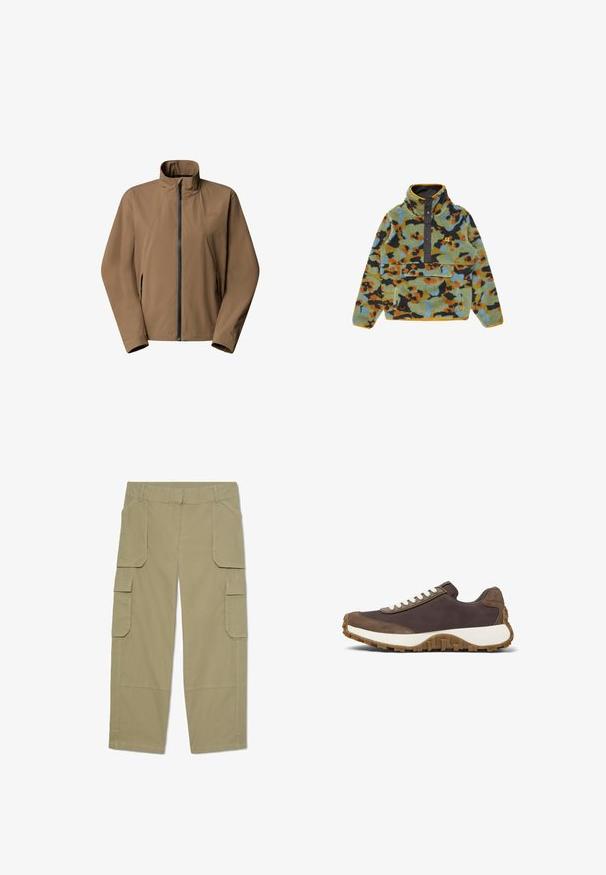 Lysbrun zip-up jakke med høj krave, lange ærmer og lynlåsede sidelommer, vist på en hvid baggrund.; Fleece pullover med grøn, blå, orange og sort camouflage mønster, sort snap-knap lukning og forreste kengurulomme.; Khakifarvede cargobukser med flere klaplommer foran og på siderne, lige ben og bæltestropper i taljen.; Brun sneakers med hvide snørebånd, med en tekstureret overdel og en robust gummisål, vist på en hvid baggrund.