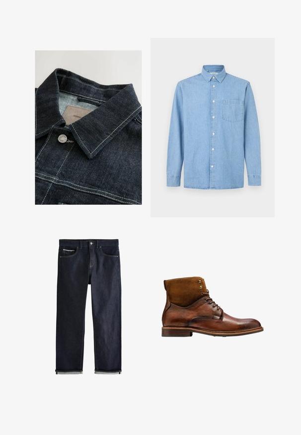 Veste en denim de couleur bleu foncé, avec un col pointu, un bouton en métal argenté et des coutures contrastées sur le panneau avant. Tissu texturé.; Chemise en denim bleu clair à manches longues avec une poche avant, une fermeture à boutons et un col classique sur fond blanc.; Jean en denim bleu foncé avec revers roulés, fermeture bouton et zip, poches avant et poche monnaie, et coutures contrastées sur fond blanc.; Kazar ALID - Bottines à lacets - brown