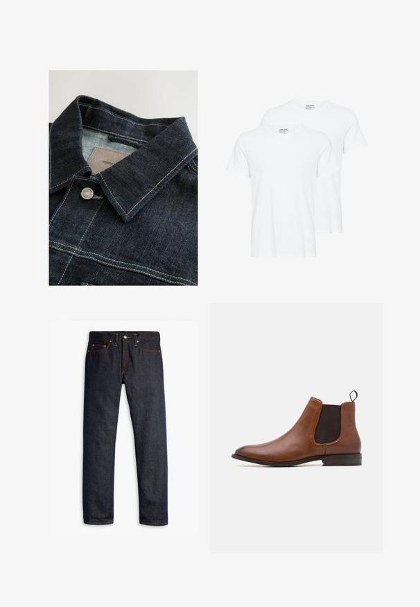Veste en denim de couleur bleu foncé, avec un col pointu, un bouton en métal argenté et des coutures contrastées sur le panneau avant. Tissu texturé.; Deux t-shirts blancs unis à manches courtes et col rond qui se chevauchent sur un fond blanc.; Jeans en denim bleu foncé avec une coupe droite, un design à cinq poches, des rivets en cuivre, des coutures jaunes et un tissu texturé distinct.; Zign by Zalando LEATHER - Bottines - cognac