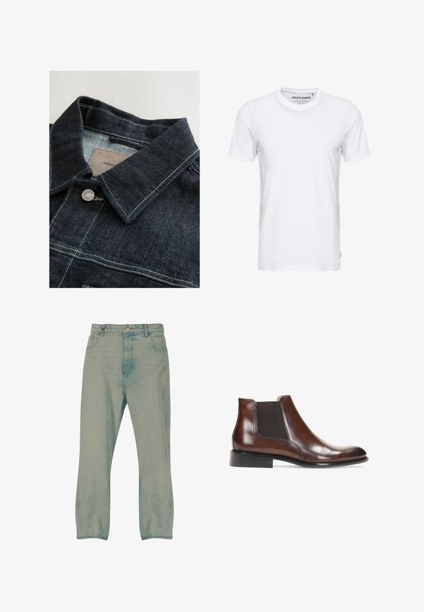 Veste en denim de couleur bleu foncé, avec un col pointu, un bouton en métal argenté et des coutures contrastées sur le panneau avant. Tissu texturé.; T-shirt blanc à manches courtes en coton, avec un col rond et un design simple. Étiquette de marque visible au niveau du cou. Aucun motif ni accent.; Jean droit bleu clair avec bouton à l'avant, passants pour ceinture et poches avant, présenté sur un fond blanc.; Bottine en cuir marron avec des panneaux latéraux élastiques, une finition lisse, des coutures décoratives et un talon rectangulaire bas.