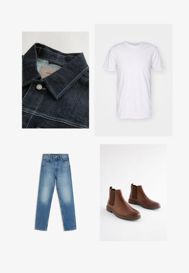 Veste en denim de couleur bleu foncé, avec un col pointu, un bouton en métal argenté et des coutures contrastées sur le panneau avant. Tissu texturé.; Selected SLHASPEN SLUB TEE - T-shirt basique - bright white; Jean en denim bleu avec une taille haute, bouton et fermeture éclair à l'avant, deux poches frontales et des zones décolorées au niveau des cuisses et des genoux.; Bottes basses en cuir marron avec des panneaux élastiques sur les côtés, un bout arrondi et un talon empilé. Texture lisse avec des accents marron contrastants.
