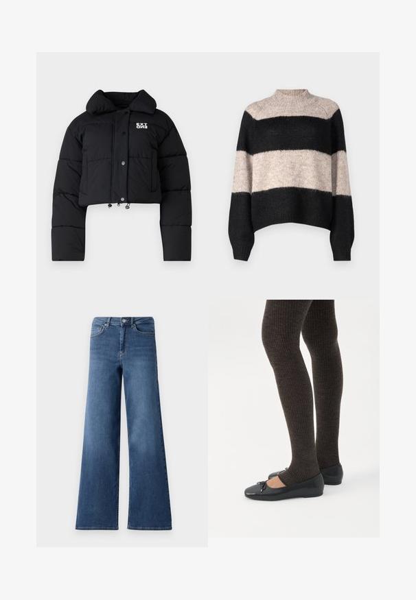 Veste matelassée noire coupée avec un col haut, des boutons-pression et un détail de logo. Présente des cordons élastiques à l'ourlet et une texture rembourrée.; Pull rayé à col haut, comportant trois bandes horizontales en noir et beige clair. Fabriqué en maille douce et texturée.; Jeans en denim bleu à jambes larges avec une taille standard, des poches avant et une texture lisse. Pas de motifs ou d'ornements visibles.; Jambes portant des leggings côtelés foncés associés à des ballerines noires avec de petits détails en nœud sur fond blanc.