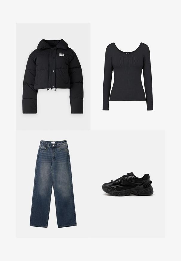 Veste matelassée noire coupée avec un col haut, des boutons-pression et un détail de logo. Présente des cordons élastiques à l'ourlet et une texture rembourrée.; T-shirt noir à manches longues côtelé avec un décolleté arrondi. Le tissu est doux et extensible, présentant une texture verticale côtelée sur toute la surface.; Jeans en denim bleu taille haute pour hommes, avec jambes larges, bouton et fermeture éclair à l'avant, ainsi que poches avant et arrière.; Baskets de sport noires avec des détails en mesh et brillants, semelle épaisse et rembourrée, fermeture à lacets, vue de profil sur fond blanc.