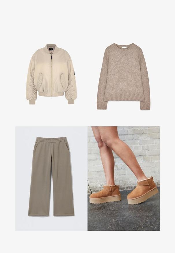 Beige bomberjakke med lynlås, ribbede manchetter og kant, samt to sidelommer. Glat stof med en let polstret tekstur.; Lysebrunt strikket sweater, rund halsudskæring, ribstrikkede manchetter og kant, let oversized pasform, tekstureret stof med et subtilt mønster, ingen synlig branding.; Taupe vide benbukser med elastisk talje og sidelommer, liggende fladt på en lys baggrund.; Brune ruskinds ankelsko med en blød foring, tyk beige plattformsål og en bageste løkke. Tekstureret overflade med synlige sømdetaljer.