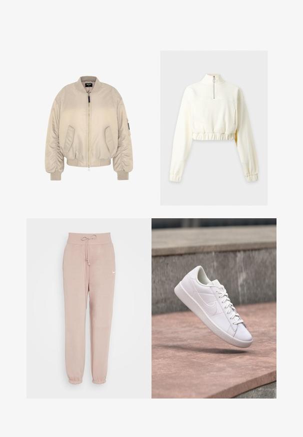 Beige bomberjakke med lynlås, ribbede manchetter og kant, samt to sidelommer. Glat stof med en let polstret tekstur.; Langærmet cremefarvet cropped sweatshirt med høj krave og halv lynlås, med elastisk talje og manchetter.; Nike Sportswear W PHNX FLC HR OS - Træningsbukser - diffused taupe/sail; Hvid Nike lavtop sneaker med snørebånd ophængt over en betonhylde mod en grå stens baggrund udendørs.