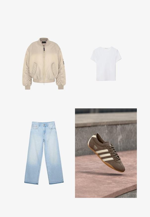 Beige bomberjakke med lynlås, ribbede manchetter og kant, samt to sidelommer. Glat stof med en let polstret tekstur.; Hvid kortærmet t-shirt lavet af blødt stof. Har en rund halsudskæring og et simpelt, rent design med en lige underkant.; Lyseblå vidde jeans med frontknap, lynlås og fem-lomme-design, lagt fladt på en hvid baggrund.; Brun ruskindssneaker med hvide striber og branding, med rund tå og ydersål af gummibelagt gummi, hængende over en struktureret overflade.