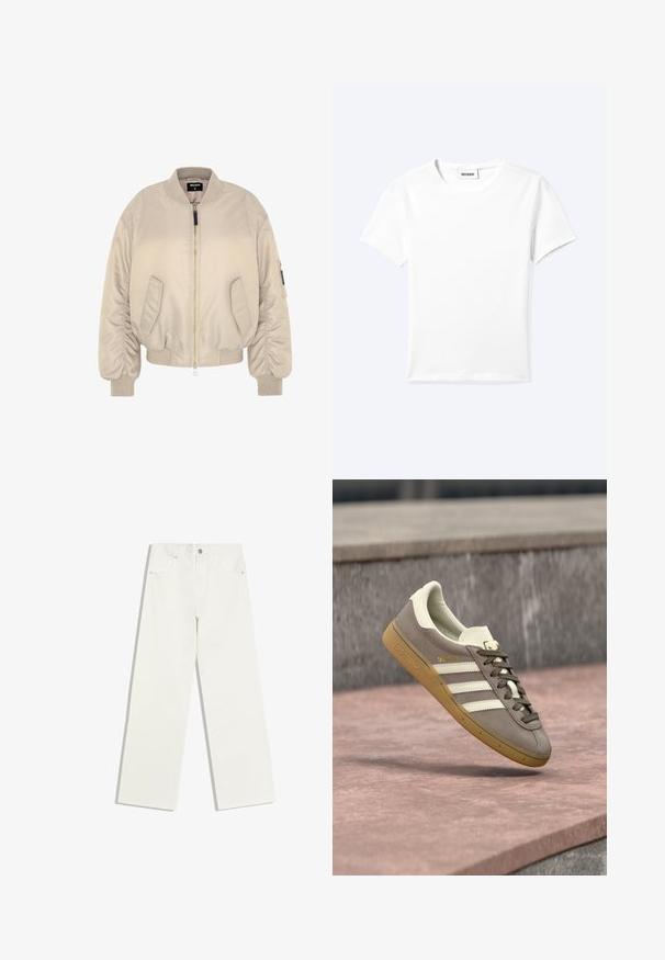Beige bomberjakke med lynlås, ribbede manchetter og kant, samt to sidelommer. Glat stof med en let polstret tekstur.; Ensfarvet hvid t-shirt med korte ærmer og rund halsudskæring med en lille "WEEKDAY" label indeni halskanten, vist fladt på en lys baggrund.; Hvide jeans med højt liv og lige ben, med forlommer og knaplukning på hvid baggrund.; Lysebrun ruskinds Adidas-sneaker med hvide striber og gummisål, svævende over lyserøde stentrapper udendørs.