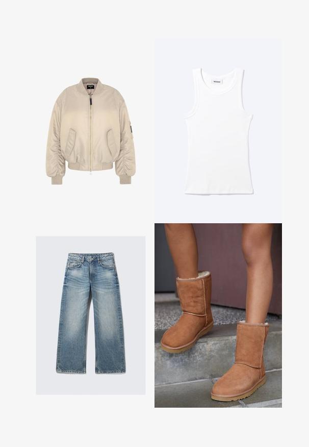 Beige bomberjakke med lynlås, ribbede manchetter og kant, samt to sidelommer. Glat stof med en let polstret tekstur.; Hvid ærmeløs ribstrikket top med rund halsudskæring og en lille label med teksten "WEEKDAY" indeni kraven.; Lyseblå jeans med vide ben lavet af denim, med forlommer, lynlås foran og en falmet tekstur med diskrete whiskering-detaljer.; Brune ruskind ankelstøvler med rund tå, blødt foer og gummisål, der har synlige stikninger langs sømmene.