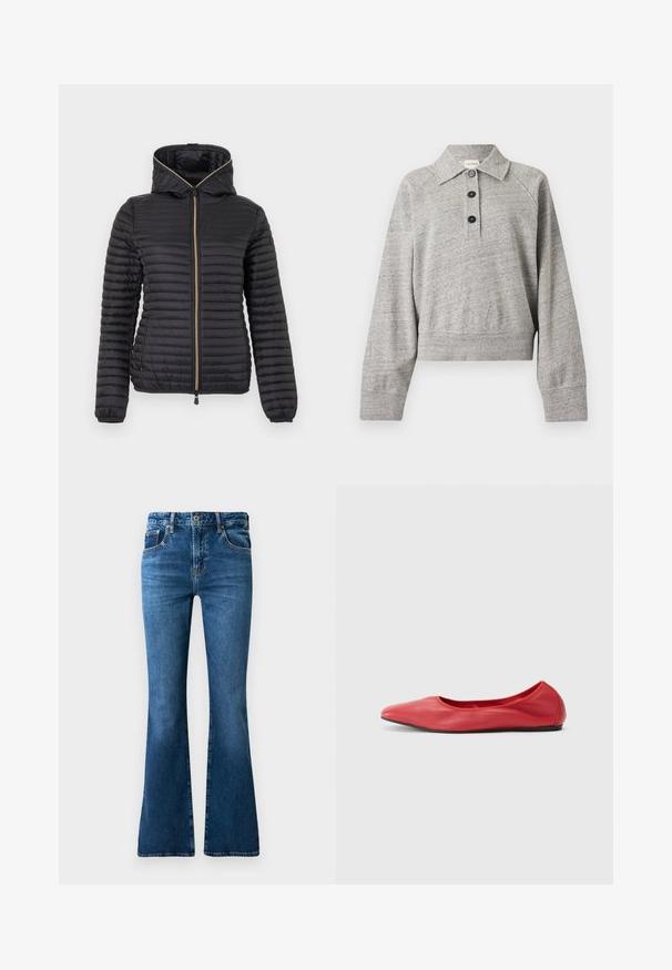 Veste légère matelassée noire avec capuche et fermeture éclair à l'avant, présentant des coutures horizontales et des poignets élastiqués.; Pull gris clair à manches longues avec col et trois boutons noirs sur la patte de boutonnage avant, en tissu doux et texturé.; Jean flares en denim bleu avec une taille mi-haute, cinq poches, un délavage subtil et des accents de couture le long des coutures.; Filippa K REY FLATS - Ballerines - bright red