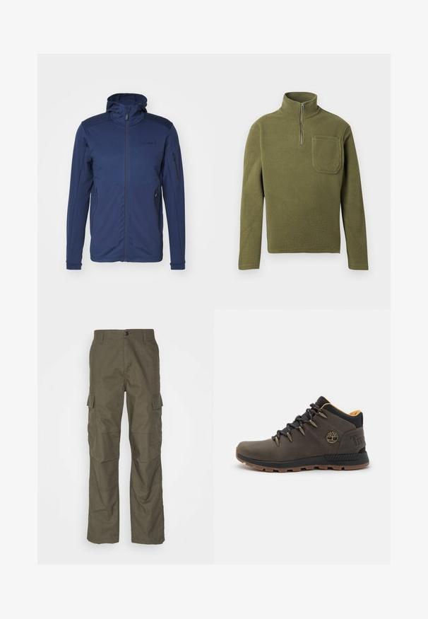 Mørkeblå jakke med fuld lynlås, justerbar hætte og to lynlåslommer. Glat tekstur med kontrasterende skulderpaneler.; Oliven grøn fleece-pullover med halvlukket krave, lange ærmer og en brystlomme. Blød tekstur med et holdbart design.; Olivenfarvede cargo bukser med lige snit, lavet af tekstureret stof. Har store sidelommer og knaplukning.; Brun læder vandrestøvle med sorte detaljer. Har runde snørebånd, polstret krave og struktureret gummisål. Timberland-logo på hælen.