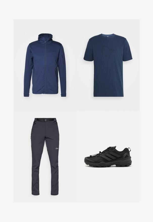 Mørkeblå jakke med fuld lynlås, justerbar hætte og to lynlåslommer. Glat tekstur med kontrasterende skulderpaneler.; Norrøna /29 COTTON VIKING T-SHIRT - T-shirts print - indigo night/sky captain; Vandtætte bukser i mørkegrå farve, lavet af slidstærkt stof. Funktioner inkluderer et bælte, sidelommer og lynlåsede ankler.; Sort atletisk sko med en tekstureret mesh-overdel, kontrasterende syntetiske accenter og en robust gummisål. Har et sikkert snøresystem og bageste loop.