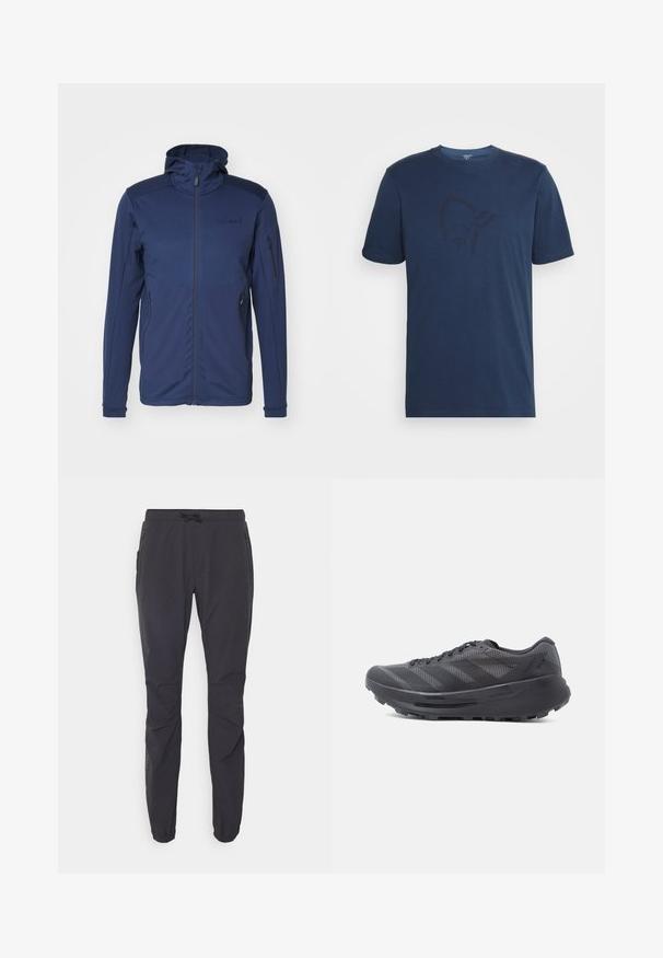 Námornícky modrá bunda s plným zipsom, nastaviteľnou kapucňou a dvoma zipsovými vreckami. Hladká textúra s kontrastnými ramenami.; Norrøna /29 COTTON VIKING T-SHIRT - Tričko s potlačou - indigo night/sky captain; Čierne, ľahké vonkajšie nohavice s elastickým pásom, šnúrkou na uťahovanie a dvoma bočnými zipsovými vreckami. Vyrobené z priedušného materiálu.; Čierna bežecká obuv s hornou časťou z sieťoviny, textúrovanými prekrytiami a hrubou gumovou podrážkou. Má šesť pútok a vzorovaný dizajn.
