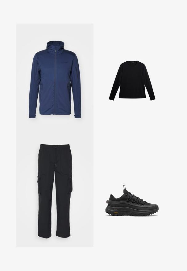 Marineblaue Jacke mit vollem Reißverschluss, verstellbarem Kapuze und zwei Reißverschlusstaschen. Glatte Textur mit kontrastierenden Schulterpanelen.; Schwarzes Langarm-T-Shirt aus glattem Stoff, mit Rundhalsausschnitt und einem dezenten Logo auf der Vorderseite, in lockerer Passform.; Schwarze Cargo-Hosen aus gewebtem Stoff. Mit verstellbarem Bund, Seitentaschen und zwei Utility-Taschen mit Reißverschlüssen.; Schwarze Wanderschuhe mit strukturierter Oberfläche, einer dicken Gummisohle, elastischen Schnürsenkeln und einem Vibram-Logo an der Seite.