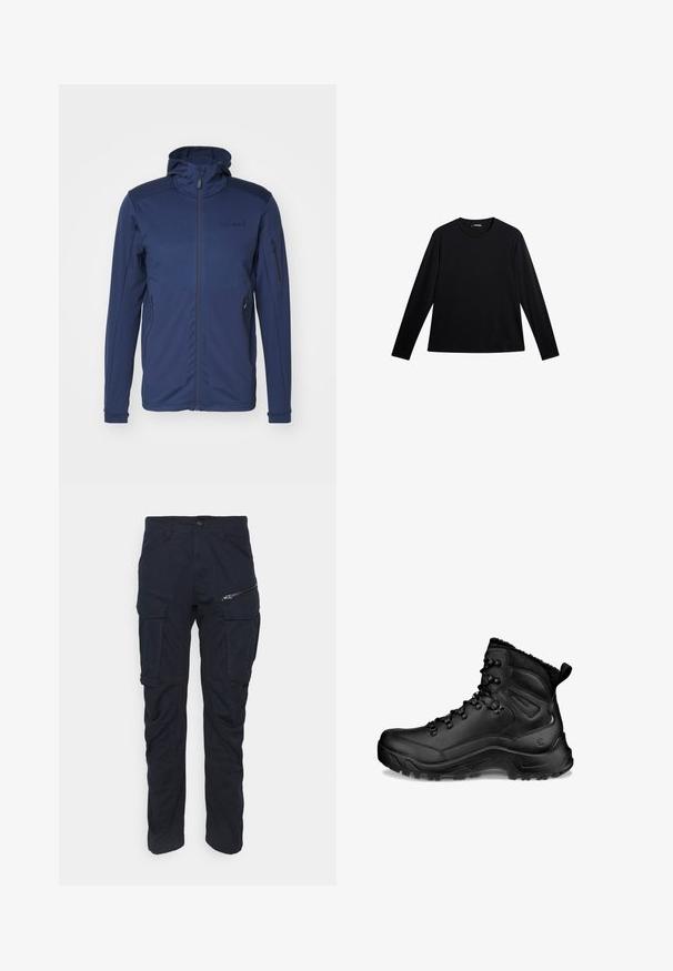 Marineblaue Jacke mit vollem Reißverschluss, verstellbarem Kapuze und zwei Reißverschlusstaschen. Glatte Textur mit kontrastierenden Schulterpanelen.; Schwarzes Langarm-T-Shirt aus glattem Stoff, mit Rundhalsausschnitt und einem dezenten Logo auf der Vorderseite, in lockerer Passform.; Dunkelblaue Cargo-Hosen mit einem Reißverschlussfach, mehreren Seitentaschen, geradem Bein und strapazierfähigem Material mit glatter Textur.; Schwarzer hoher Wanderschuh mit gepolstertem Knöchel, Schnürhaken, robuster Sohle und Zuglasche an der Ferse, entworfen für den Außeneinsatz und kaltes Wetter.