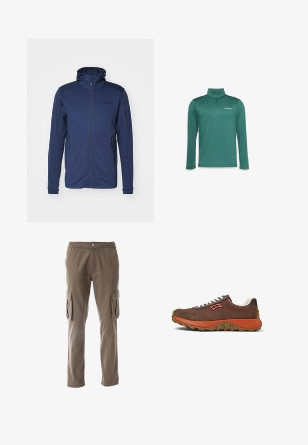 Marineblauwe jacket met een volledige rits, verstelbare capuchon en twee ritszakken. Glad textuur met contrasterende schouderpanelen.; Teal lange mouw half-zip pullover gemaakt van lichtgewicht stof, met een opstaande kraag en een reliëf Calvin Klein-logo op de borst.; Cargo broek in een khaki tint, met een elastische tailleband, knoopsluiting en twee zijcargo zakken met klep. Gemaakt van duurzaam materiaal.; Bruine sportieve schoen met oranje accenten, getextureerd bruin suede, witte veters en een gumrubberen zool met een golfpatroon.