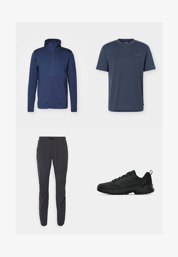 Marineblauwe jacket met een volledige rits, verstelbare capuchon en twee ritszakken. Glad textuur met contrasterende schouderpanelen.; Navyblauw T-shirt met korte mouwen en ronde hals, met een klein roze "Helly Hansen" logo op de linkerborst.; Zwarte, lichte outdoorbroek met een elastische tailleband, trekkoordsluiting en twee zijzakken met rits. Gemaakt van ademend materiaal.; Zwarte sportschoen met een gestructureerd bovenwerk, versterkte neus, stevige buitenzool en een trekkoordje aan de hiel voor gemakkelijk aan- en uittrekken.