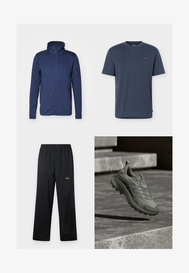 Marineblauwe jacket met een volledige rits, verstelbare capuchon en twee ritszakken. Glad textuur met contrasterende schouderpanelen.; Navyblauw T-shirt met korte mouwen en ronde hals, met een klein roze "Helly Hansen" logo op de linkerborst.; Zwarte lichte outdoorbroek met elastische tailleband, voorste knoop, twee voorzakken en klein Columbia-logo op de rechterdij.; Lichtgrijze trailrunningschoen met een gestructureerde mesh bovenkant, een afgeronde neus en een robuuste buitenzool. Voorzien van het merklogo en een strakke vetersluiting.