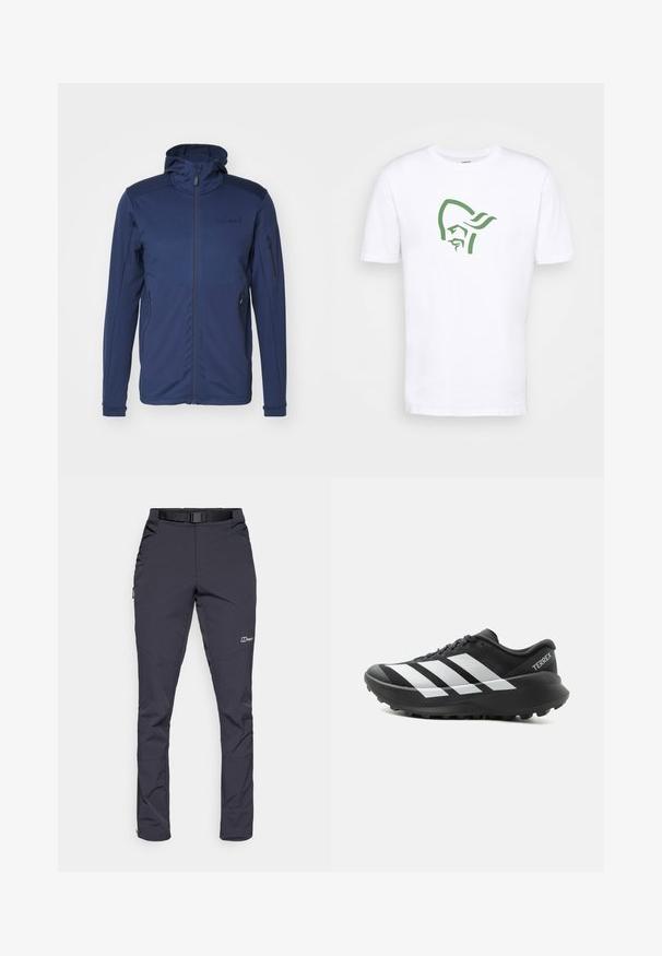 Námornícky modrá bunda s plným zipsom, nastaviteľnou kapucňou a dvoma zipsovými vreckami. Hladká textúra s kontrastnými ramenami.; Norrøna /29 COTTON VIKING T-SHIRT - Tričko s potlačou - pure white; Vodeodolné nohavice v tmavosivej farbe, vyrobené z odolného materiálu. Funkcie zahŕňajú opasok, bočné vrecká a zipsové otvory na členkoch.; Čierno-biela trailová bežecká obuv Adidas Terrex s hrubou podrážkou a drážkovanou vonkajšou podrážkou, bočný pohľad na jednofarebnom svetlom pozadí.