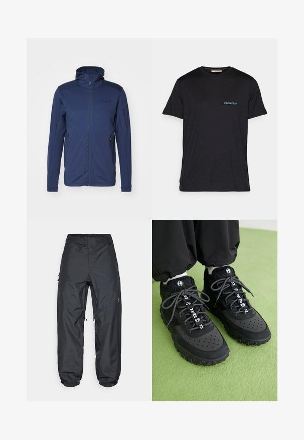 Marineblaue Jacke mit vollem Reißverschluss, verstellbarem Kapuze und zwei Reißverschlusstaschen. Glatte Textur mit kontrastierenden Schulterpanelen.; Schwarzes T-Shirt mit kurzen Ärmeln aus weichem Material, mit einem kleinen blauen "icebreaker"-Logo auf der linken Brustseite. Reguläre Passform.; Schwarze wasserdichte Hosen mit lässigem Schnitt, ausgestattet mit zwei Knöpfen am Bund, verstellbaren Knöchelriemchen und seitlichen Reißverschlusstaschen.; Schwarze Sneaker bestehen aus einer Kombination von Leder und Mesh-Materialien, haben eine strukturierte Gummisohle, auffällige Perforationen und gemusterte Schnürsenkel mit numerischen Akzenten.