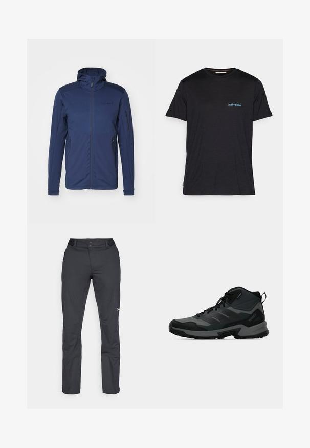 Marineblauwe jacket met een volledige rits, verstelbare capuchon en twee ritszakken. Glad textuur met contrasterende schouderpanelen.; Zwarte korte mouwen t-shirt van zachte stof, met een klein blauw "icebreaker" logo op de linkerkant van de borst. Normale pasvorm.; Berghaus RIDGE ROAMER - Outdoorbroeken - black; Hoge wandelschoen met een mix van zwarte en grijze materialen, een gestructureerd bovenwerk, een rubberen zool en versterkte enkelondersteuning.