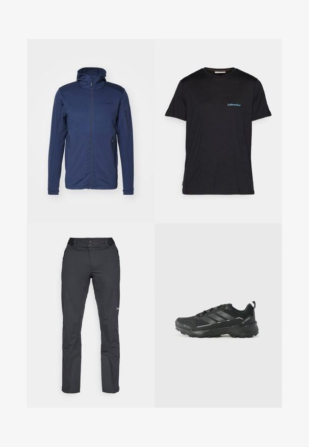 Marineblauwe jacket met een volledige rits, verstelbare capuchon en twee ritszakken. Glad textuur met contrasterende schouderpanelen.; Zwarte korte mouwen t-shirt van zachte stof, met een klein blauw "icebreaker" logo op de linkerkant van de borst. Normale pasvorm.; Berghaus RIDGE ROAMER - Outdoorbroeken - black; Zwarte sportschoen met een gestepeld stoffen bovenwerk, drie zilveren strepen, versterkte neus en een robuuste rubberen zool voor tractie.