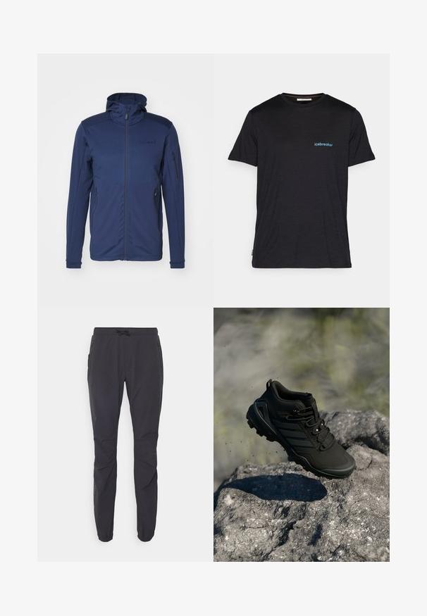 Mørkeblå jakke med fuld lynlås, justerbar hætte og to lynlåslommer. Glat tekstur med kontrasterende skulderpaneler.; Sort kortærmet t-shirt lavet af blødt stof, med et lille blåt "icebreaker" logo på venstre brystområde. Regular fit design.; Sorte, letvægts udendørs bukser med elastisk talje, snorelukning og to sidelommer med lynlås. Fremstillet af åndbart stof.; Sort trail løbesko med robust sål svævende over en klippete overflade, jordpartikler synlige i udendørs omgivelser.