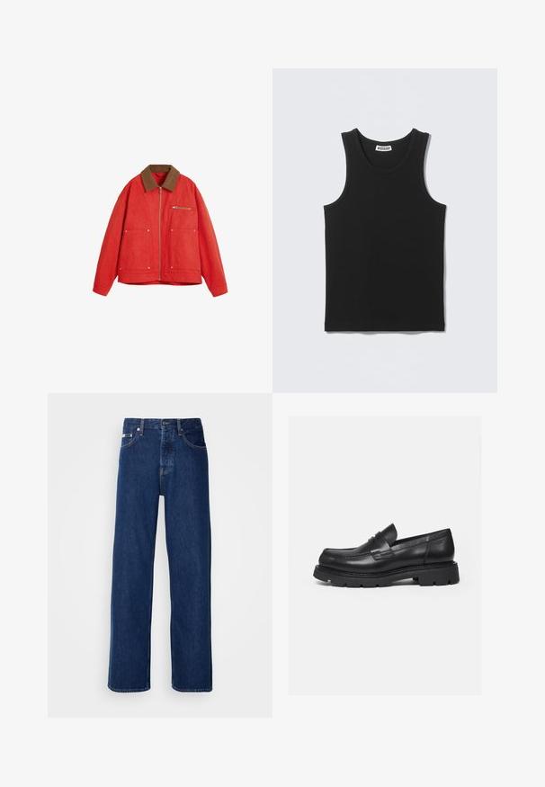 Chaqueta roja con un cuello de ante marrón, que presenta un cierre frontal, dos bolsillos grandes y un bolsillo en el pecho. Tejido suave y corte relajado.; Camiseta negra sin mangas con costillas, escote redondo y etiqueta de la marca Weekday en el interior del cuello trasero.; Vaqueros de mezclilla azul oscuro con un diseño de pierna ancha, que presentan un cierre de botón y el clásico estilo de cinco bolsillos. La tela tiene una textura suave.; Mocasín negro de cuero con suela gruesa y acanalada y detalle de tira para moneda, mostrado en perfil lateral derecho sobre fondo blanco.