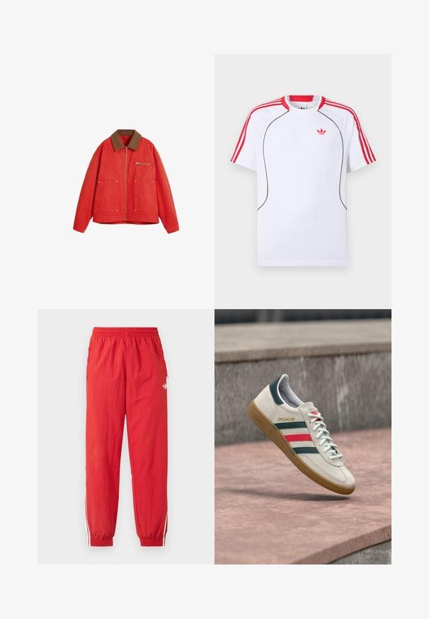 Chaqueta roja con un cuello de ante marrón, que presenta un cierre frontal, dos bolsillos grandes y un bolsillo en el pecho. Tejido suave y corte relajado.; Camiseta deportiva blanca de manga corta con rayas rojas en los hombros y las mangas, ribete negro en la parte delantera y logo trebol rojo de Adidas en el pecho.; Pantalones deportivos rojos hechos de material ligero, con una cinturilla elástica, rayas laterales blancas y un pequeño logotipo en la parte superior de la pierna.; Zapatilla blanca Adidas con franjas verdes y rojas, suela de goma y marca "SPEZIAL" flotando sobre pavimento de piedra.