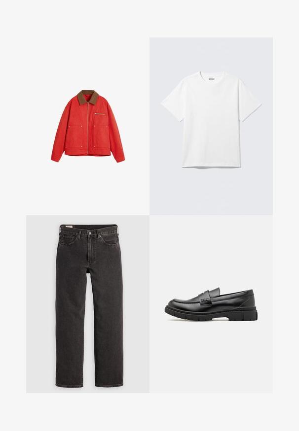 Chaqueta roja con un cuello de ante marrón, que presenta un cierre frontal, dos bolsillos grandes y un bolsillo en el pecho. Tejido suave y corte relajado.; Camiseta blanca de manga corta con cuello redondo, colocada plana, diseño liso, con etiqueta "WEEKDAY" en el interior del cuello sobre un fondo claro.; Jeans de mezclilla negra con un diseño de pierna recta, cinco bolsillos y herrajes metálicos. La tela tiene una ligera textura y un acabado de color sólido.; Mocasin de cuero negro con una cinta ancha en el empeine, suela de goma con tacos gruesos y textura suave. Diseño clásico y elegante.