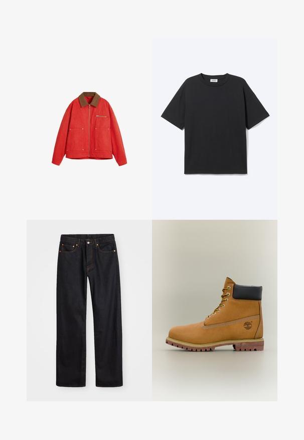 Chaqueta roja con un cuello de ante marrón, que presenta un cierre frontal, dos bolsillos grandes y un bolsillo en el pecho. Tejido suave y corte relajado.; Camiseta negra de manga corta con cuello redondo, ajuste relajado, vista frontal, diseño sencillo y etiqueta visible de la marca Weekday en el interior del cuello.; Jeans de mezclilla negros de pierna recta para hombre, con cinco bolsillos y costuras en color naranja, cierre de botón y cremallera en la parte delantera de la cintura.; Bota de tobillo de cuero marrón con cuello negro, cordones amarillos y suela beige. Presenta un logotipo y detalles de costura blanca. Suela exterior con tracción robusta.