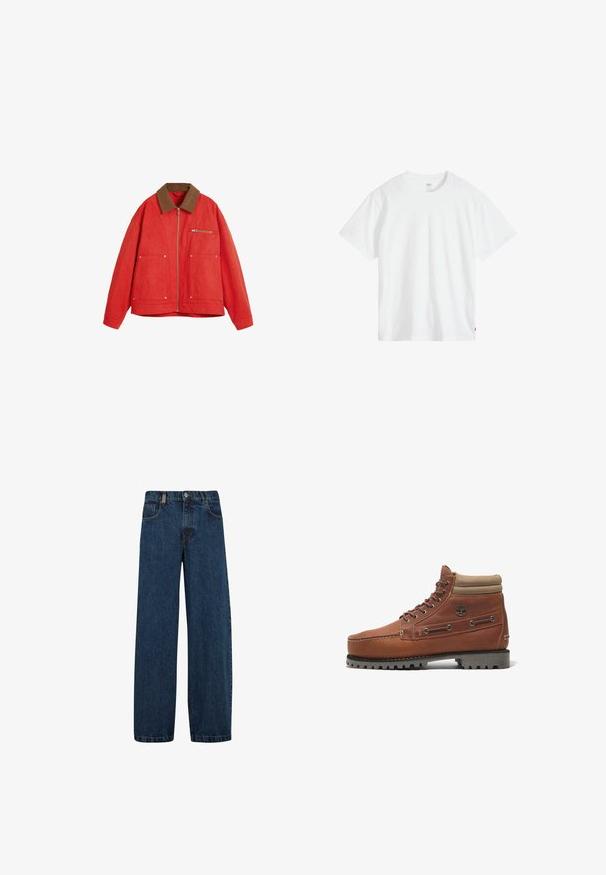Chaqueta roja con un cuello de ante marrón, que presenta un cierre frontal, dos bolsillos grandes y un bolsillo en el pecho. Tejido suave y corte relajado.; Camiseta blanca de algodón con cuello redondo, mangas cortas y un ajuste relajado. Presenta una pequeña etiqueta de la marca en la parte inferior izquierda.; Vaqueros de mezclilla en azul oscuro, con un corte de pierna ancha, diseño de cinco bolsillos y un cierre clásico de botón con cremallera de metal.; Botín de cuero marrón con un collar acolchado en contraste en tono canela, ojales metálicos y una suela de goma texturizada con profundas bandas de rodadura.