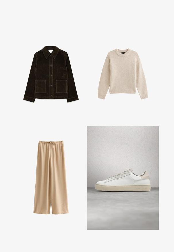 Brun ruskindsjakke med stor krave, frontlukning med knapper og to påsyede lommer. Har en tekstureret overflade og en skræddersyet pasform.; Beige strikket sweater med rund hals, lange ærmer og ribbet kant. Tekstureret stof med en blød udseende. Enkel og alsidig design.; Nudemalet bukser med vide ben lavet af blødt, let stof, med elastik i taljen og snor samt en afslappet pasform.; Hvide lædersneakers med en glat overflade, beige ruskindsdetaljer, rund tå, flad snørebåndsdesign og en struktureret gummisål.