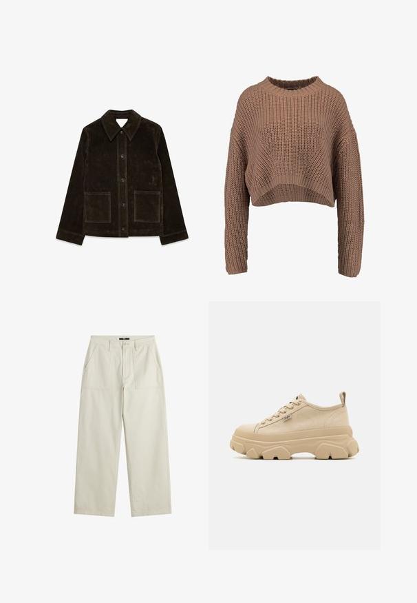 Brun ruskindsjakke med stor krave, frontlukning med knapper og to påsyede lommer. Har en tekstureret overflade og en skræddersyet pasform.; Brun strikket cropped sweater med ribbet struktur, brede ærmer og rund hals. Blødt, chunky materiale med en afslappet pasform.; Vide ben, kridhvid bukser lavet af tekstureret stof. Har to forlommer og en knaplukning. Lige snit ved kanten.; Beige canvas sneakers med tekstureret overdel, tykke chunky såler og snørebåndsdesign. Har en langtagningssløjfe bagpå hælen og en lille logo detalje.