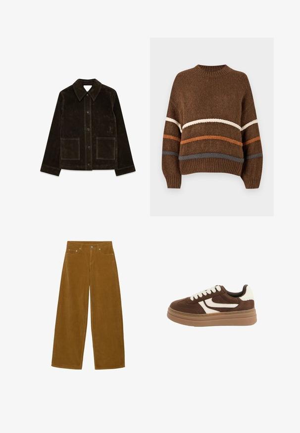 Brun ruskindsjakke med stor krave, frontlukning med knapper og to påsyede lommer. Har en tekstureret overflade og en skræddersyet pasform.; Brun strikket sweater med horisontale striber i creme, orange og grå. Rund hals og ribbede manchetter med en løs pasform.; Brune bredbenede kordfløjlsbukser med forreste knap, lynlås og fem-lomme-design.; Brun ruskindsneakers med hvid sidestribe, hvide snørebånd, hvid hælplamage og tyk lys brun sål.